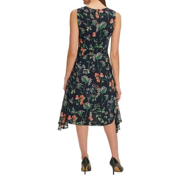 Tommy Hilfiger Navy Floral Hi-Low Midi Dress 10 Trapeze Chic Resort Boho - Picture 2 of 11